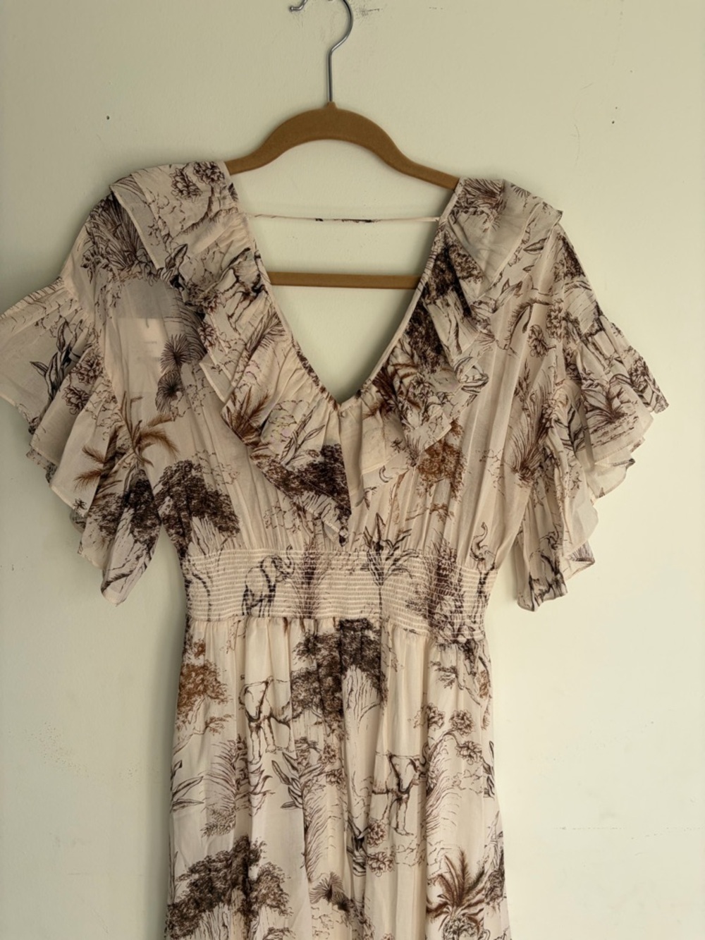 NWT! SANDRO Natural Marro Ruffled Elephant Tree Print Gauze Midi Dress Size S - Picture 5 of 7